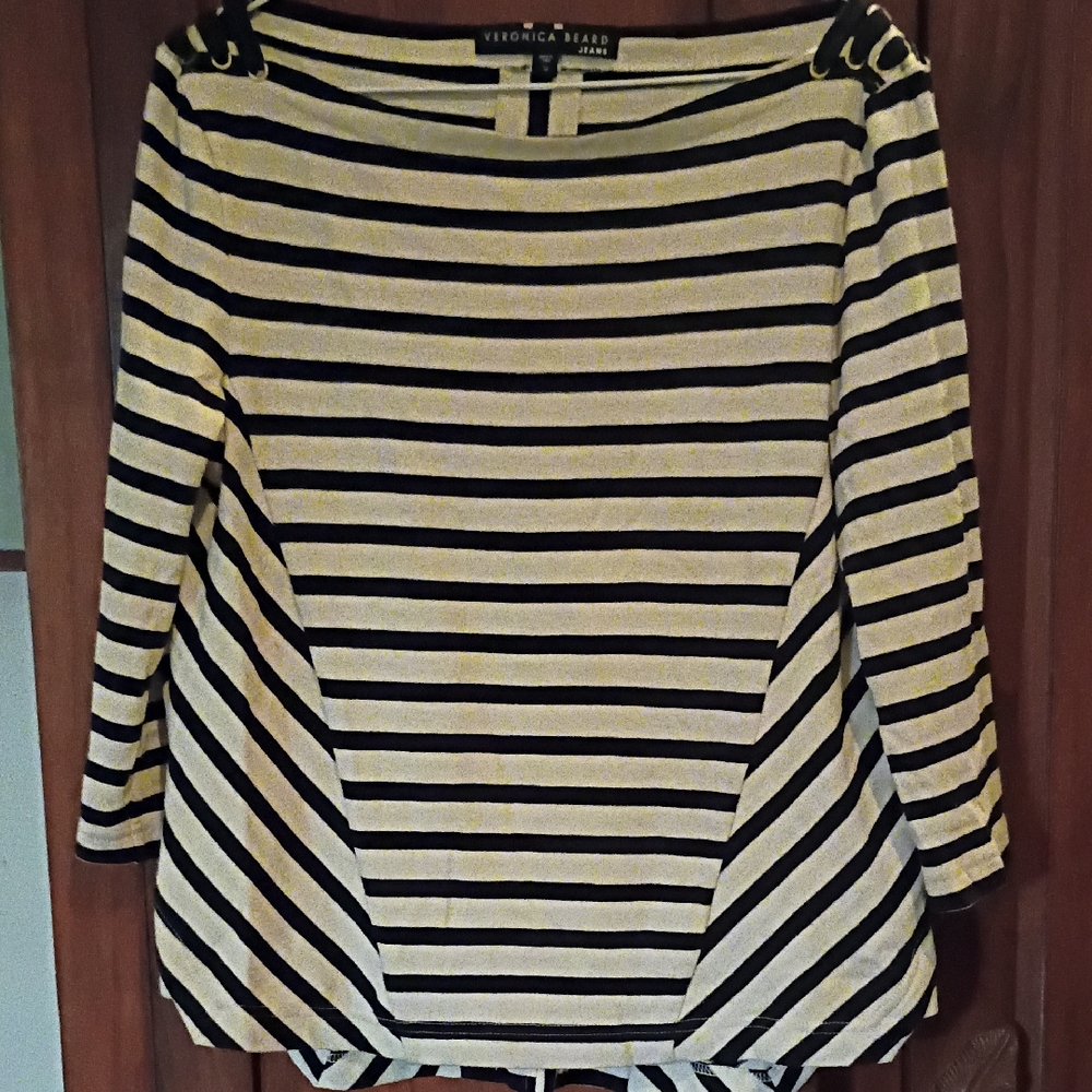 Veronica Beard Cream Black Striped Knit Top Cotton M